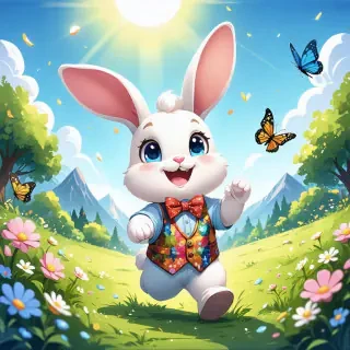 A cute cartoon rabbit character with oversized ears and big, sparkling eyes, wearing a colorful vest and bowtie. The rabbit is happily hopping through a lush, green meadow filled with flowers and butterflies, with a bright sun shining in the sky. The overall scene is vibrant and playful, perfect for a children's animation.